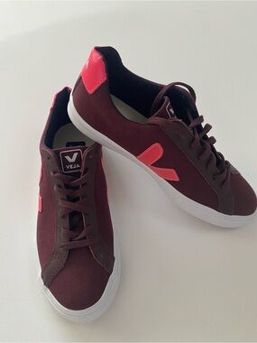 Veja Women’s Burgundy Canvas Sneakers with Hot Pink Accents, Size 9